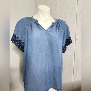 Nanette Lepore Denim Top with Black Lace Accents